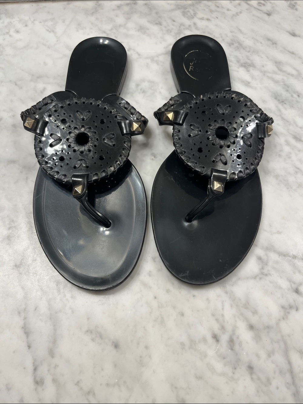 Jack Rogers Black Braided Medallion Thong Sandals with Studs
